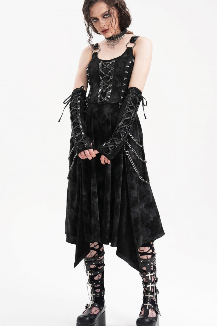 Black Chains Rings Lace-Up Women's Gothic Slip Dress with Gloves