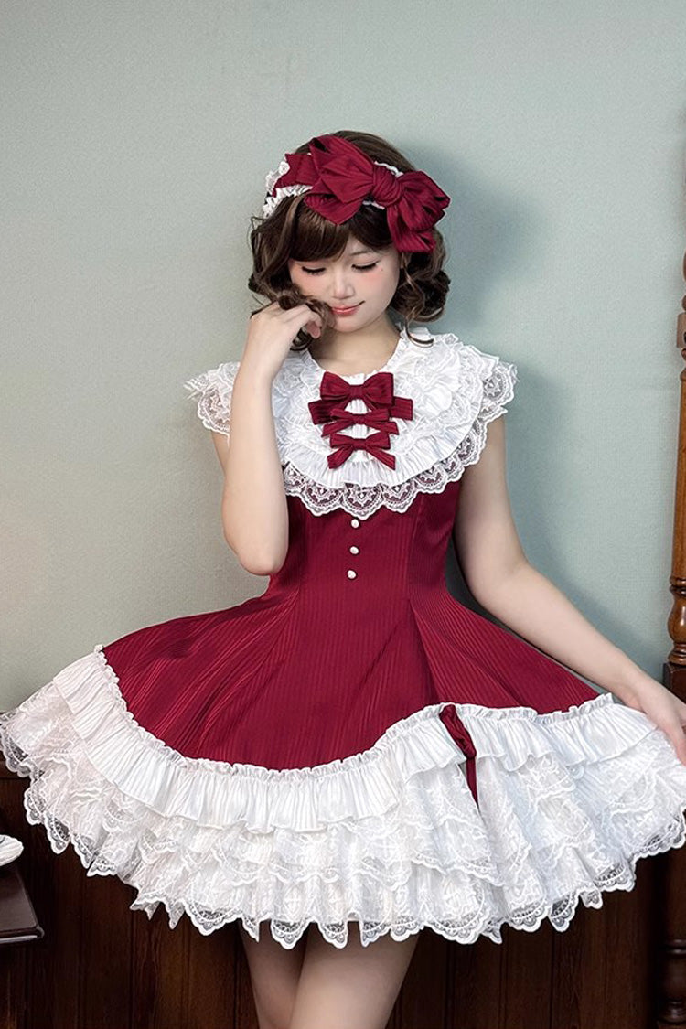 Red [Miss Tsundere] Sleeveless Multi-Layered Ruffle Bowknot Lace Asymmetric Sweet Princess Lolita Dress