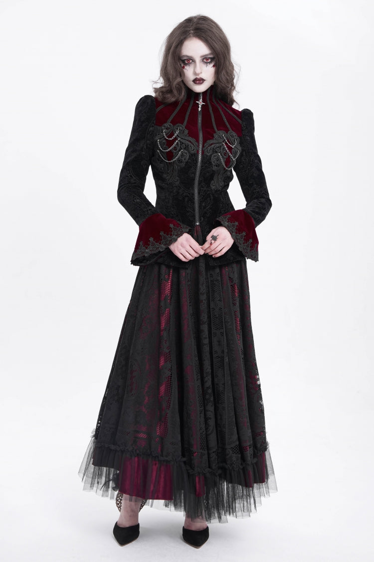 Black/Red Stand Collar Long Trumpet Sleeves Embroidery Women's Gothic Jacket