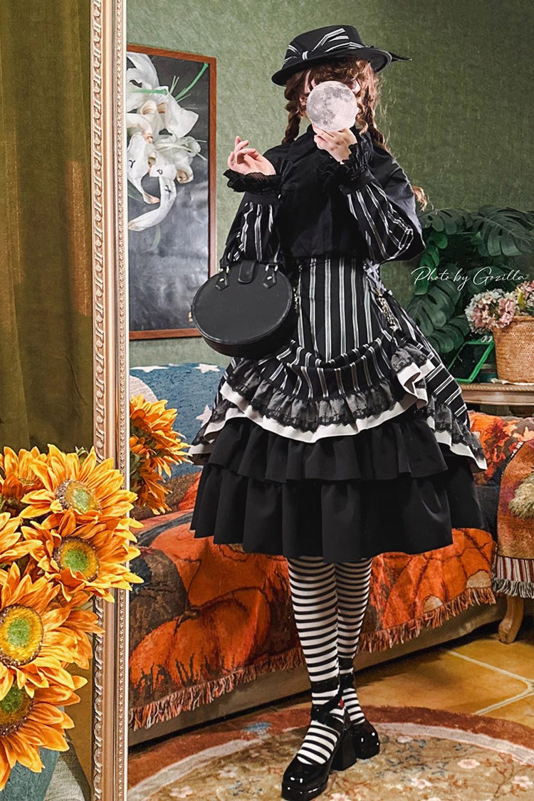 Black Stand Collar Long Sleeves Multi-layer Striped Print Ruffle Gothic Lolita Dress