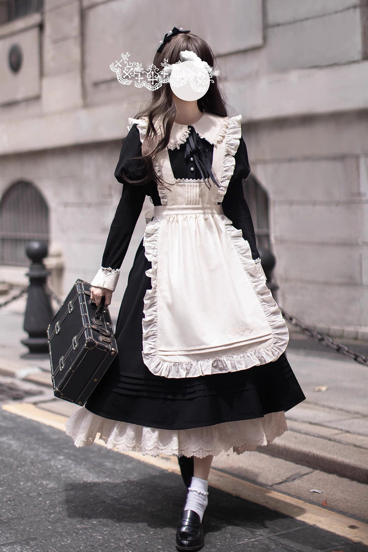 Schwarzes [Angelina] Puppenkragen Lange Ärmel Rüschen Schleife Klassisches Vintage Elegantes Lolita Kleid