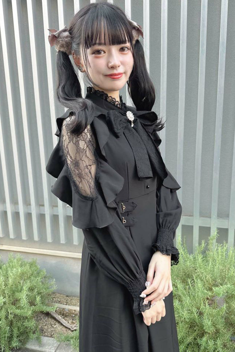 Black Stand Collar Off Shoulder Long Sleeves Hollow Bowknot Slim Jirai Kei Japanese Dress