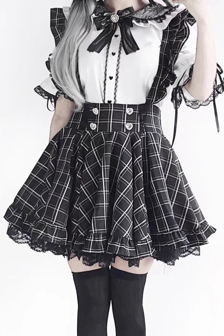 Black Plaid Print Ruffle Lace Jirai Kei Japanese Strap Dress