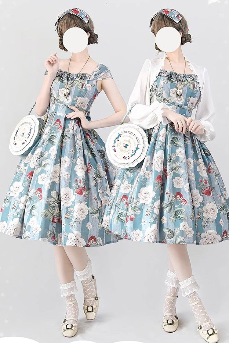 Blue/Green [Forest Basket] Sea Salt Rose Print Bowknot Chiffon Sweet Elegant Lolita Jsk Dress