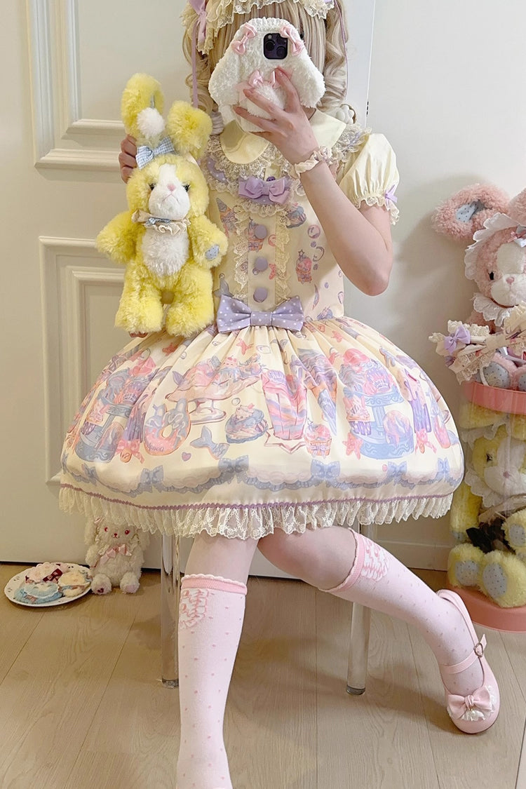 Cream Soda Mermaid Print Light Yellow Bowknot Lace Sweet Lolita Strap Dress