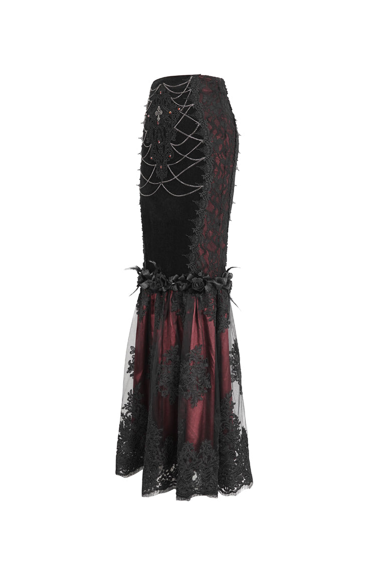 Black/Red High Waisted Embroidery Stitching Lace Women's Gothic Skirt