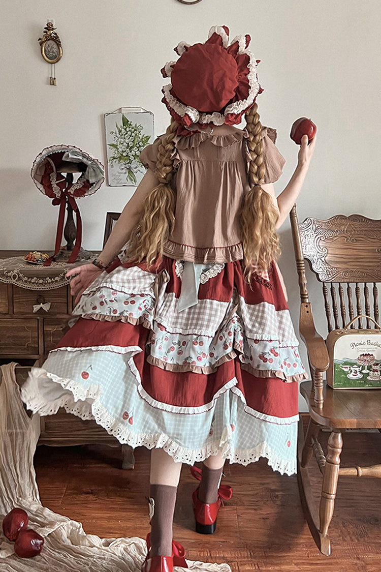 Süßes Lolita-Kleid mit mehrfarbigem Kirschdruck, kurzen Ärmeln, mehrlagiger Rüschenstickerei