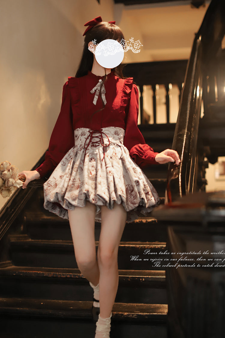 Grey [Elise] Print Ruffle Lace-Up Sweet Lolita Skirt