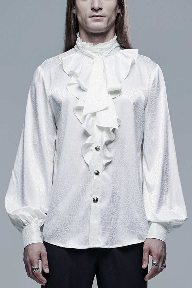 White Gothic Jacquard High Collar Front Chest Flounce Retro Metal Button Lantern Sleeve Men's Shirt