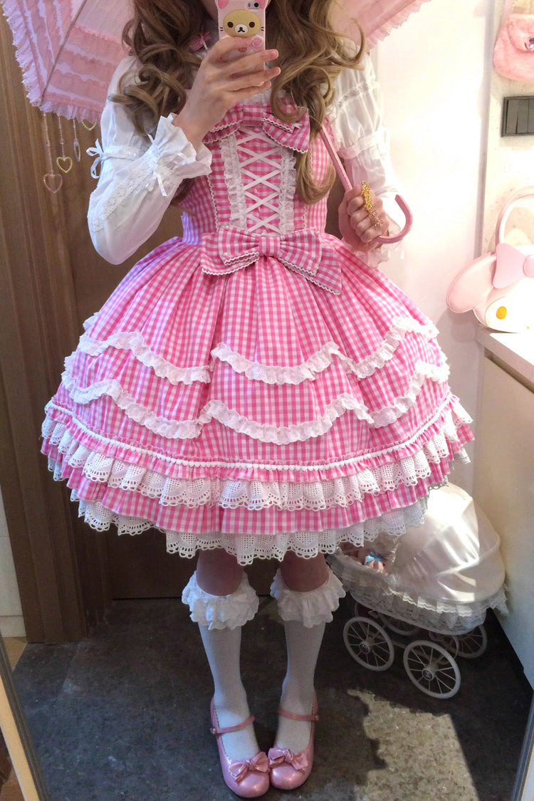 Pink Plaid Print Ruffle Bowknot Lace-Up Sweet Lolita Dress