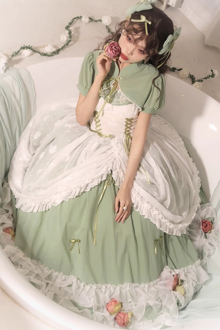 Grünes, mehrlagiges Hanayome-Spitzenkleid mit Rüschen und Schnürung in Übergröße, süßes Lolita-JSK-Kleid (lange Version)