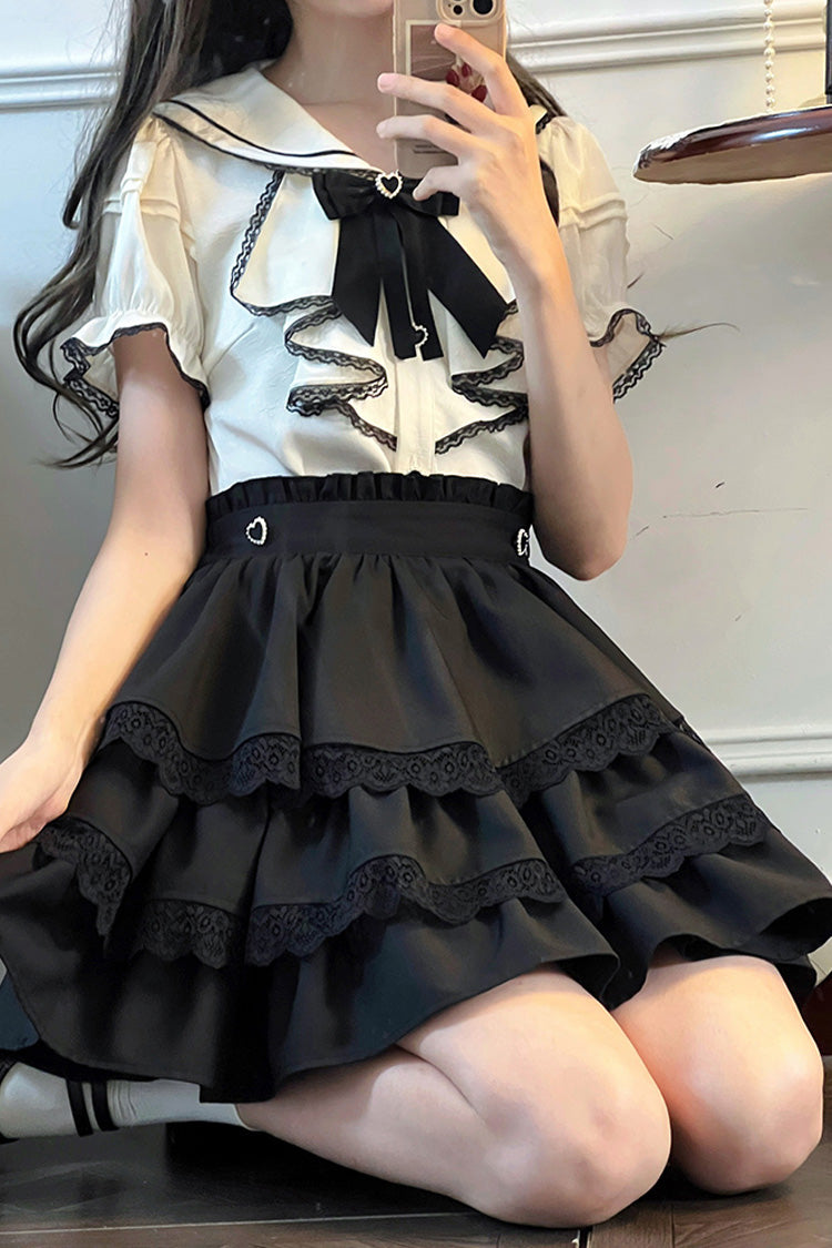 Black/White Sailor Collar Multi-Layered Ruffle Bowknot Jirai Kei Skirt Set