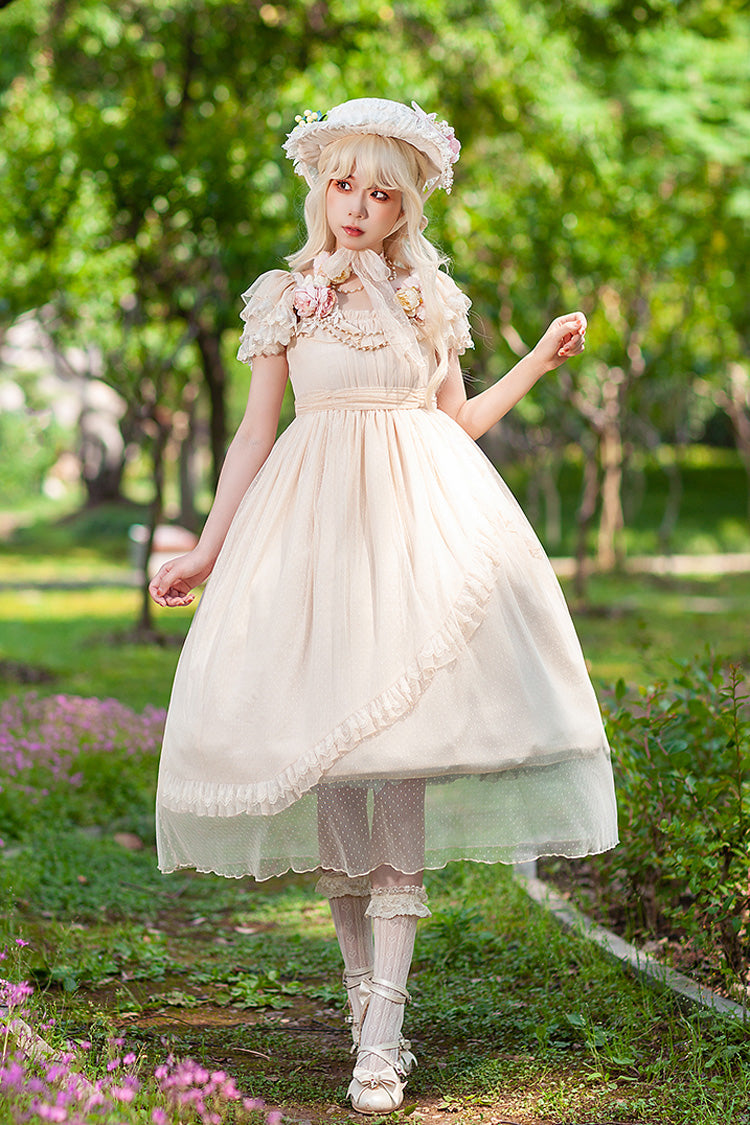 Apricot [Moon goddess *Mediana*] Polka Dot Print Ruffle Bowknot Asymmetric Sweet Elegant Lolita Dress