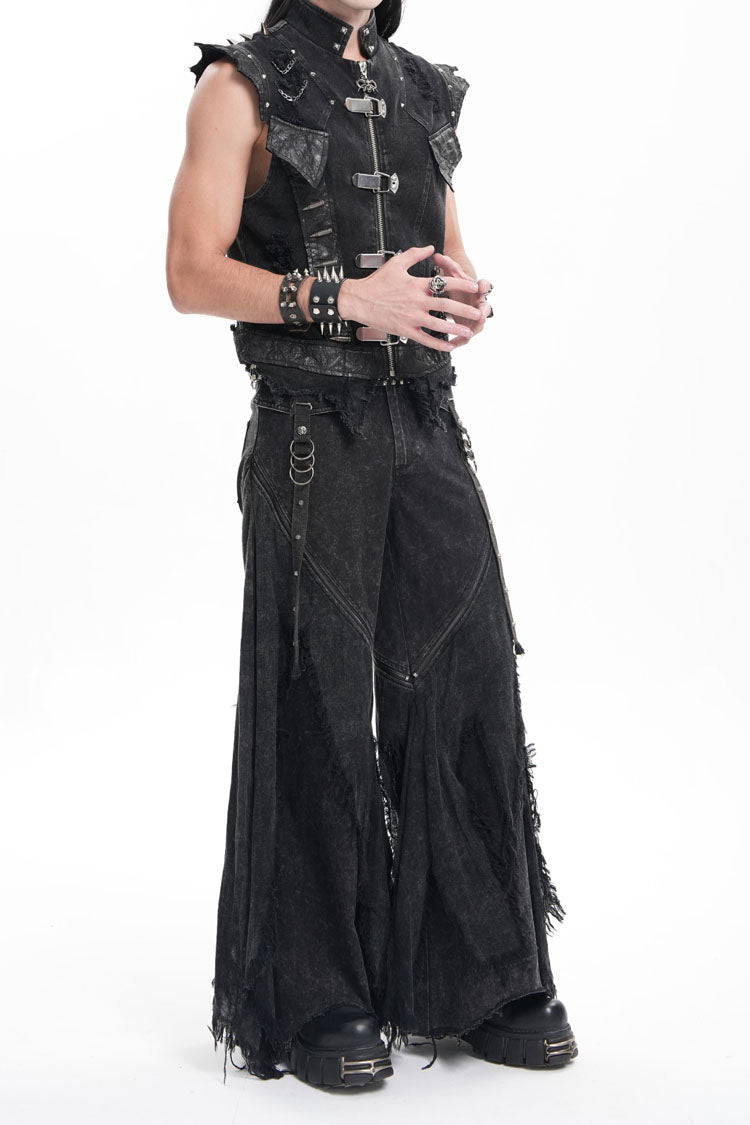 Black Ripped Rings Studs Men's Gothic Pants