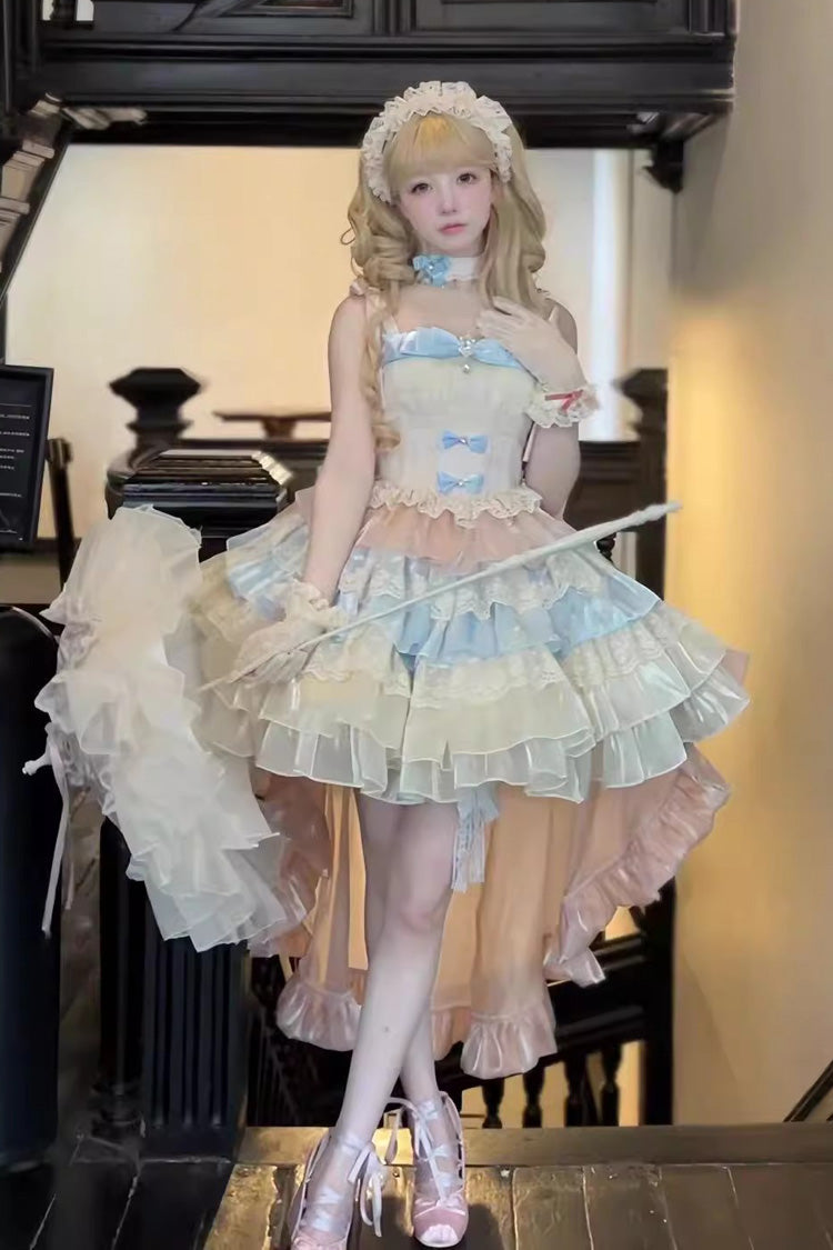 Blue/Pink/Apricot Multi-layer Ruffle Bowknot Sweet Princess Lolita Tiered Dress