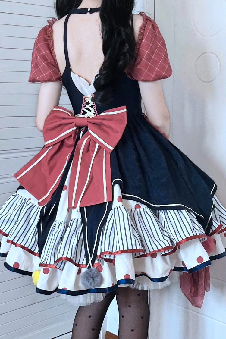 Mehrfarbiges süßes Lolita-Kleid mit Zirkus-Print, kurzen Ärmeln, mehrlagigem Rüschen- und Schleifenmuster