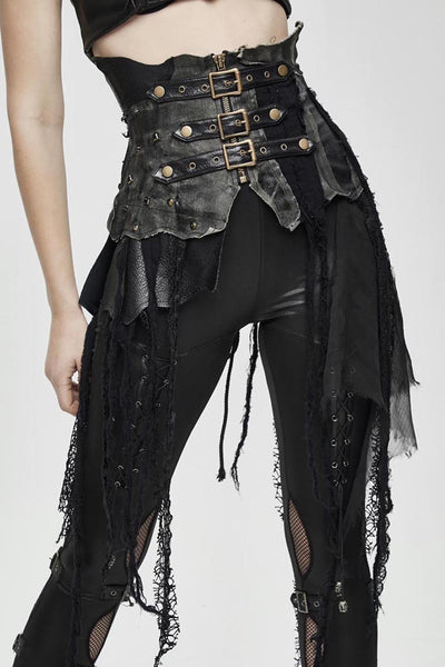 Leather Patchwork Vintage Distressed Belted Irregularly Lace Hem Black Punk  Corset - Magic Wardrobes