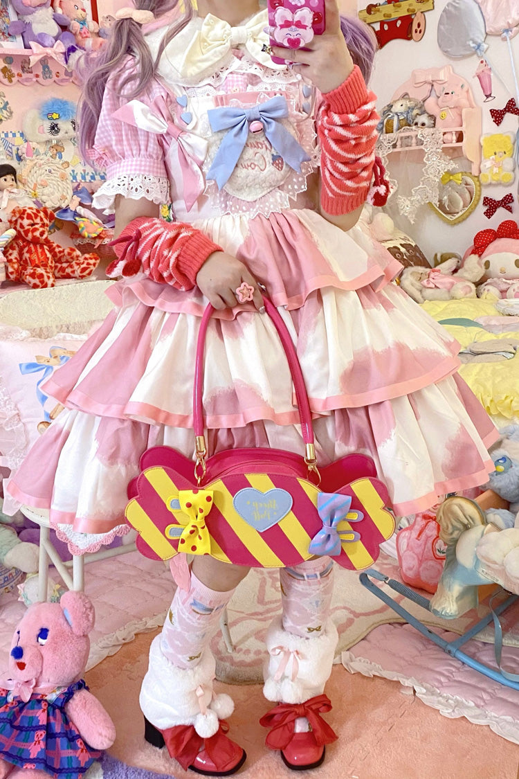 Pink Sleeveless Triple-Layered Cow Print Ruffle Bowknot Sweet Lolita Jsk Dress