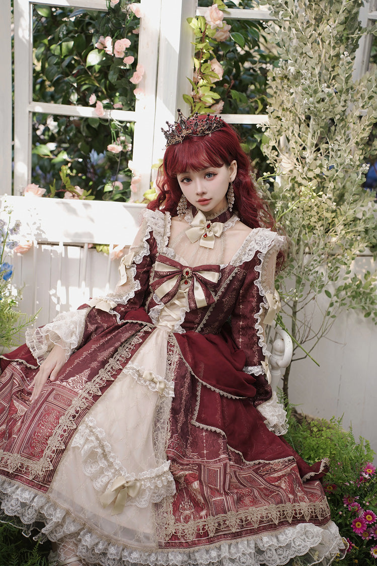 Rotes klassisches Lolita-Prinzessinnenkleid mit Barock-Palast-Print