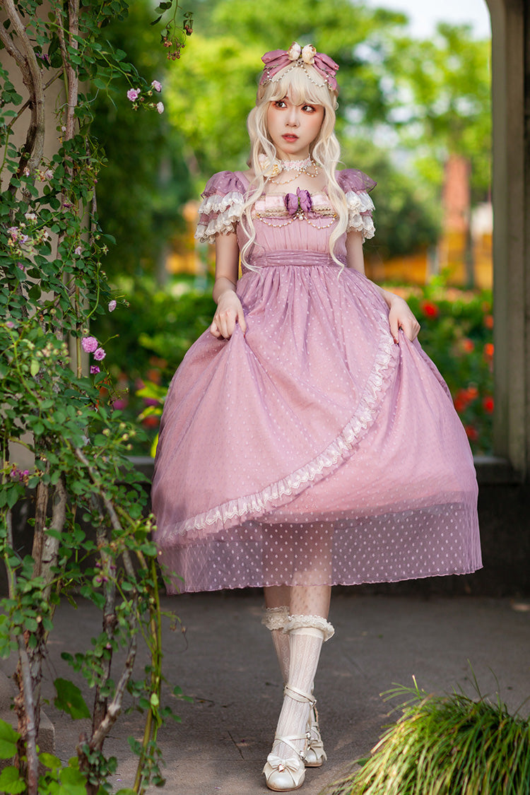 Pink [Moon goddess *Mediana*] Polka Dot Print Ruffle Bowknot Asymmetric Sweet Elegant Lolita Dress