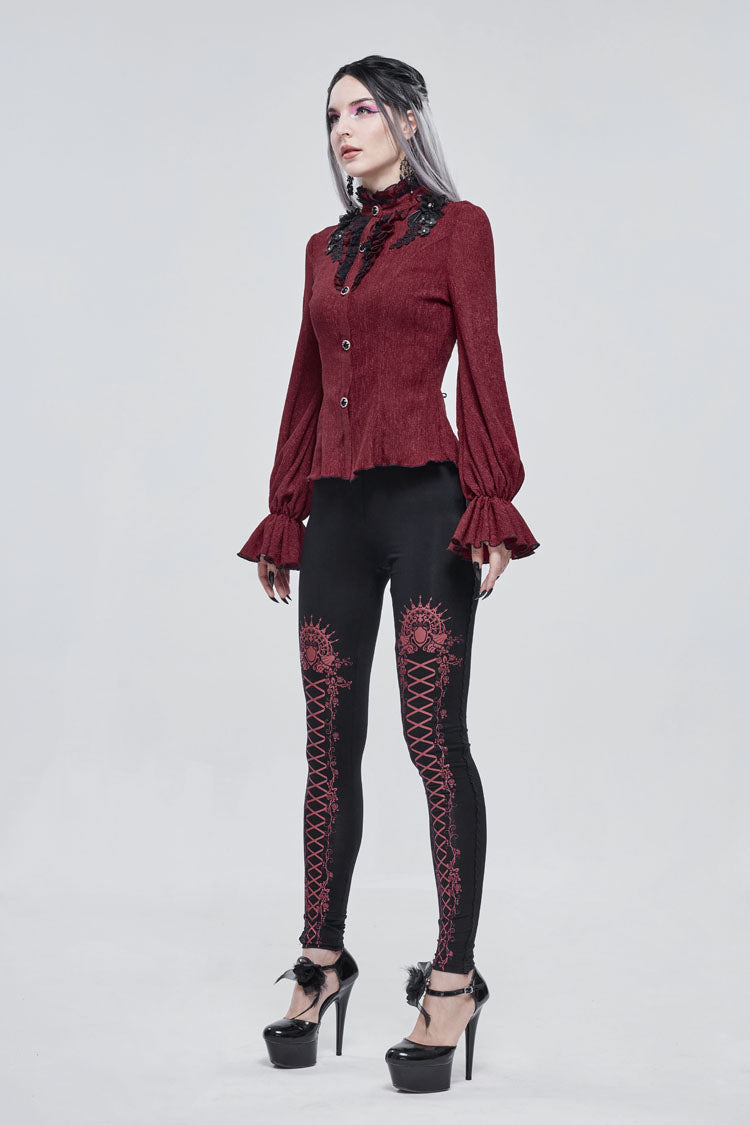 Red Lace High Neck Three Dimensional Embroidered Lantern Trumpet Sleeves Women's Gothic Shirt