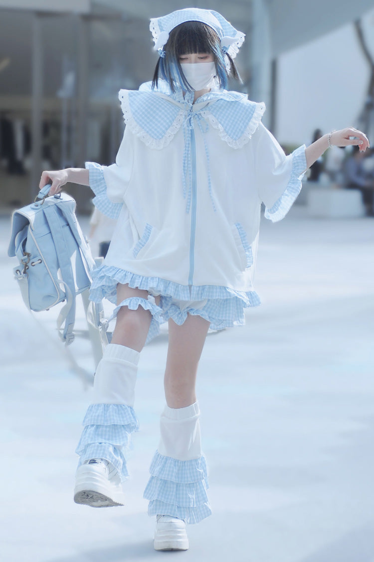 White/Blue [Heart Signal] Short Sleeves Plaid Print Jirai Kei Coat