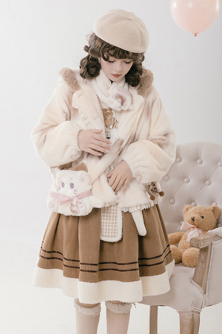 Ivory [Mocha Bear] Print Bowknot Hooded Sweet Lolita Coat