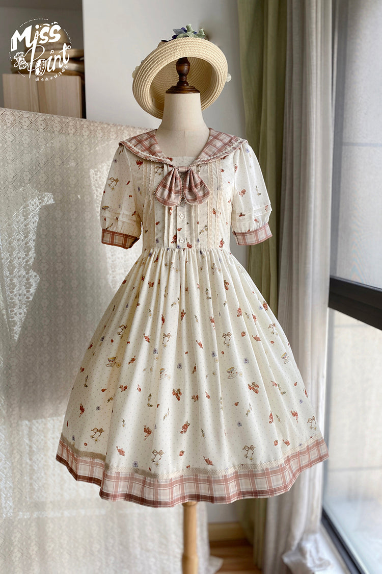 Ivory Sailor Collar Print Ruffle Bowknot Sweet Elegant Lolita Dress