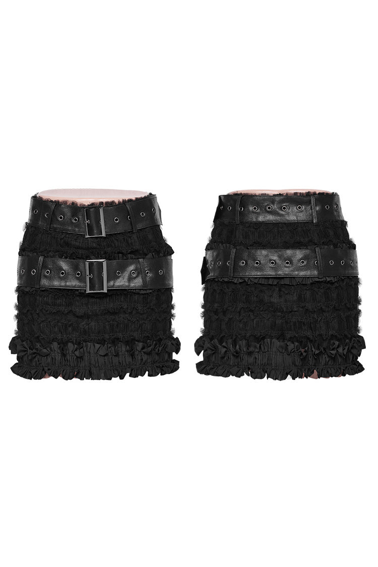 Black Ruffle Mesh Women's Gothic Skirt with Belts