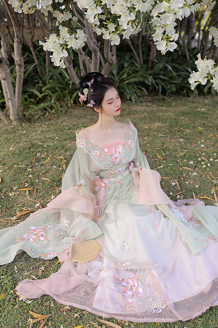 Wunderschöne Stickerei mit Perlen-Accessoires süßes Hanfu-Kleid für Damen, kompletter Satz in 3 Farben