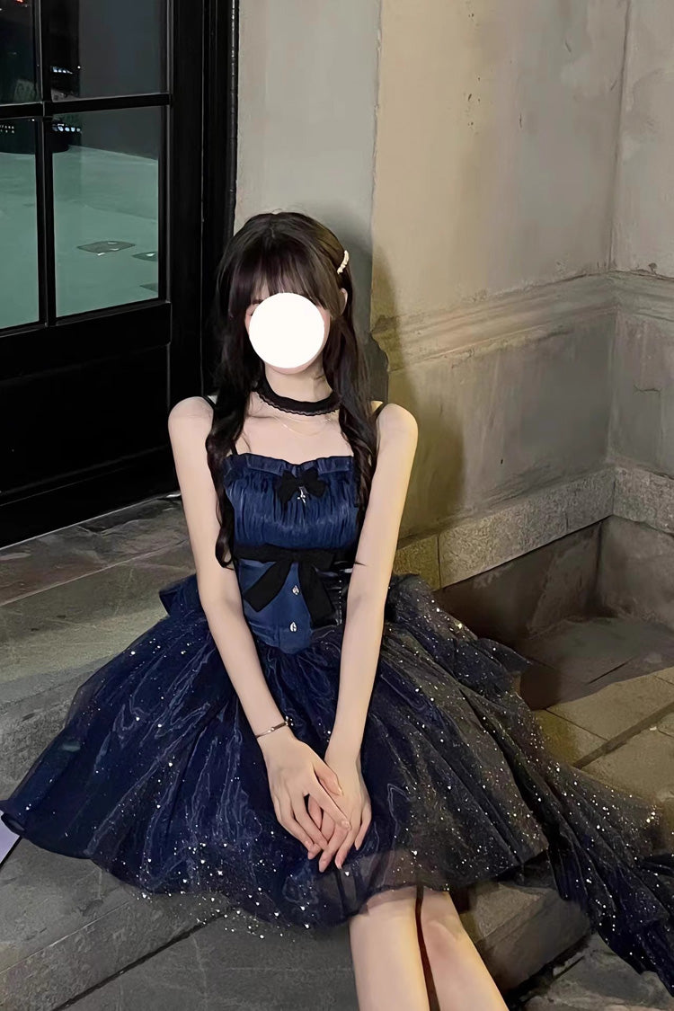 Blaues, glänzendes, unregelmäßiges Lolita-JSK-Kleid mit Schleife