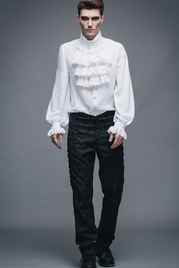 White Ruffled Lace Button-Up Micro-bullet Chiffon Long Sleeve Men's Gothic Shirt