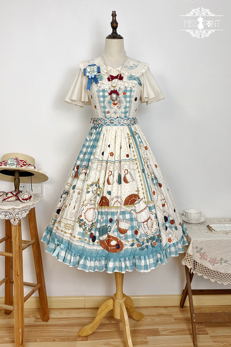 Blue/Green [Tea Party] Print Ruffle Bowknot Lace Sweet Elegant Lolita Jsk Dress