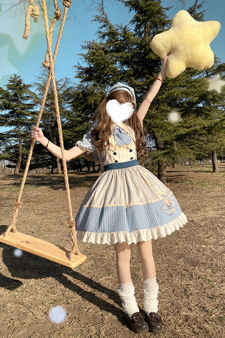 Blau/Elfenbeinfarbenes süßes Lolita-Kleid mit ärmellosem Rüschen- und Schleifenmuster im Marine-Stil