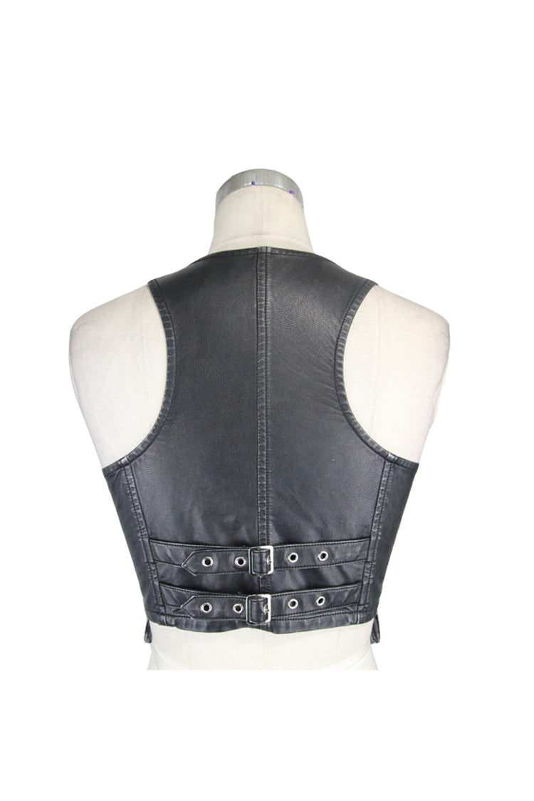 Black/Silver Hand Rubbed Leather Hasp Zipper Short Women's Punk Waistcoat