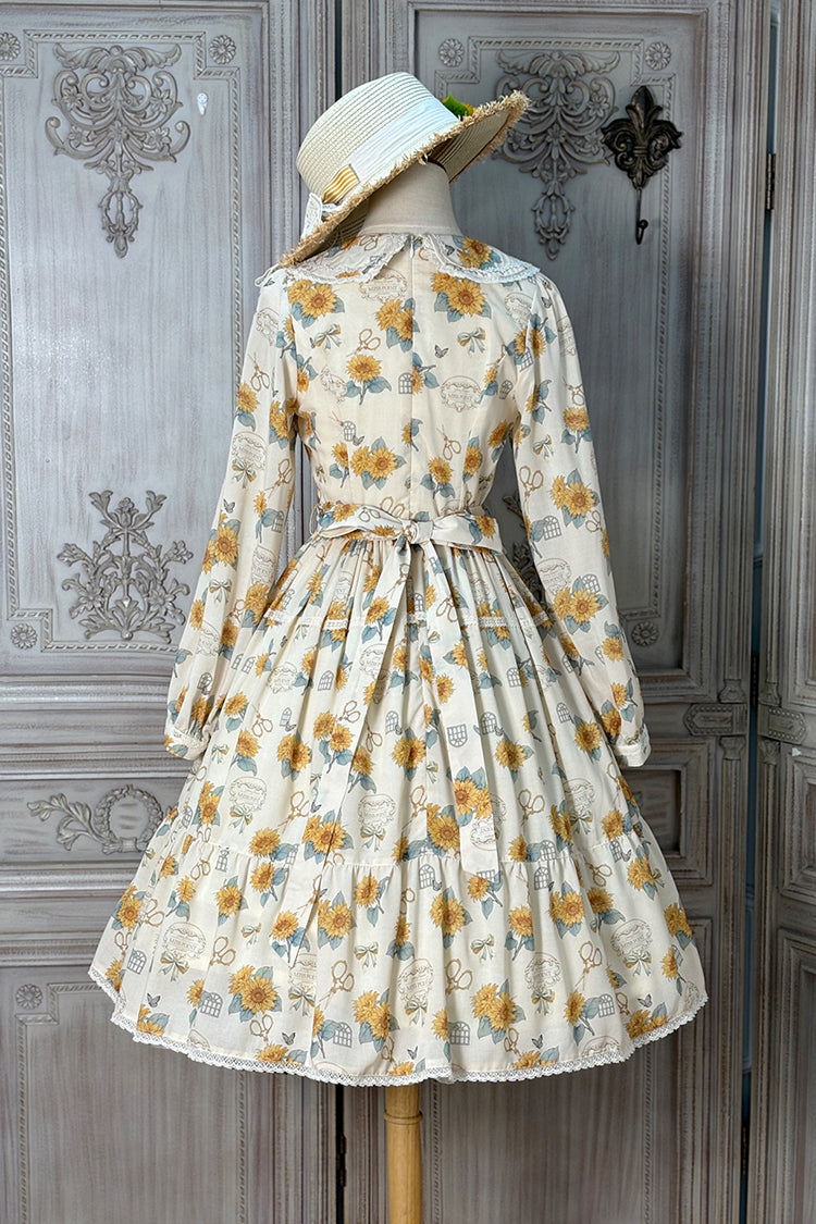 Apricot [Gardening Sunflower] Long Sleeves Print Ruffle Bowknot Sweet Elegant Lolita Dress