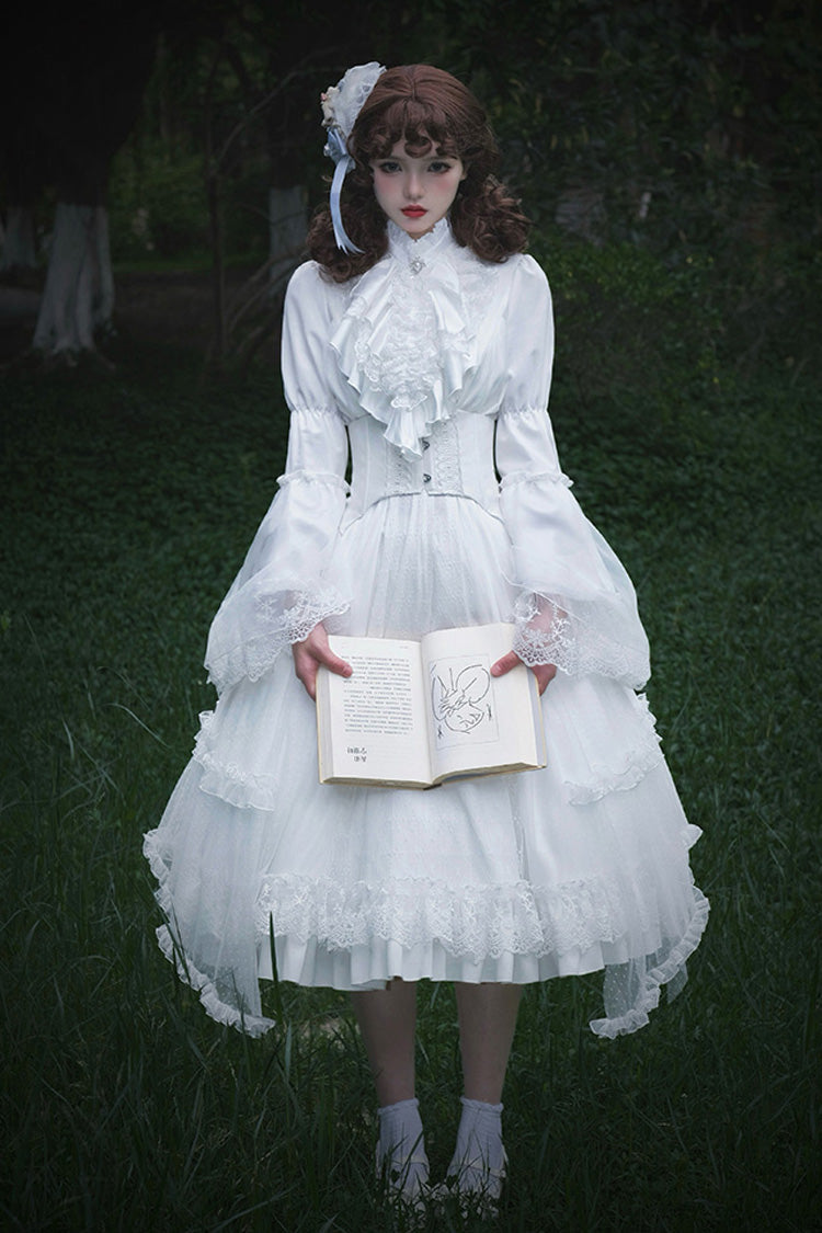 White [Requiem] Stand Collar Long Sleeves Ruffle Lace Gothic Lolita Dress