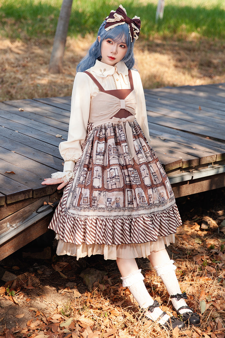 Brown [Underground Bear] Print Ruffle Bowknot Sweet Lolita Dress