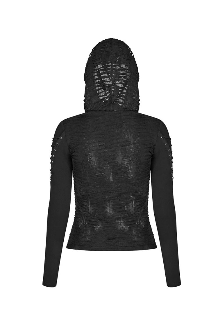 Black Broken Holes Arm DrawString Long Sleeve Hooded Knit Tight  Women's Gothic T-Shirt