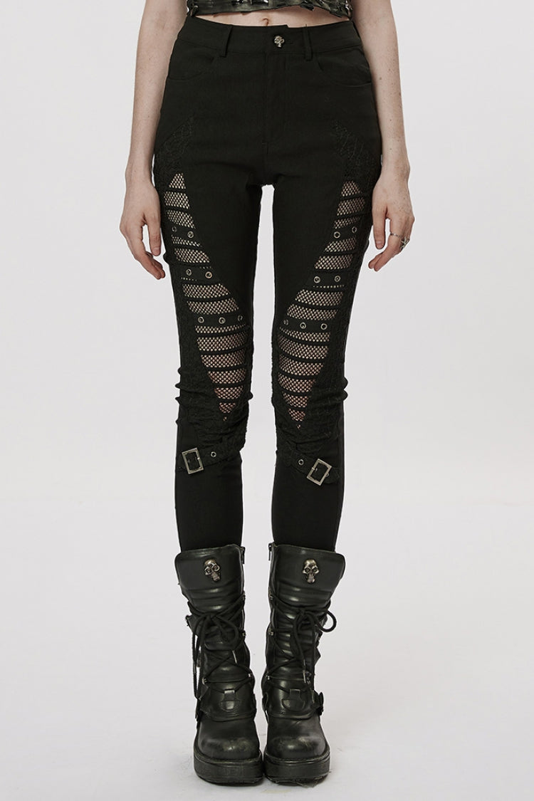 Black Hollow Japanese Buckles Stitching Mesh Women's Gothic Leggings