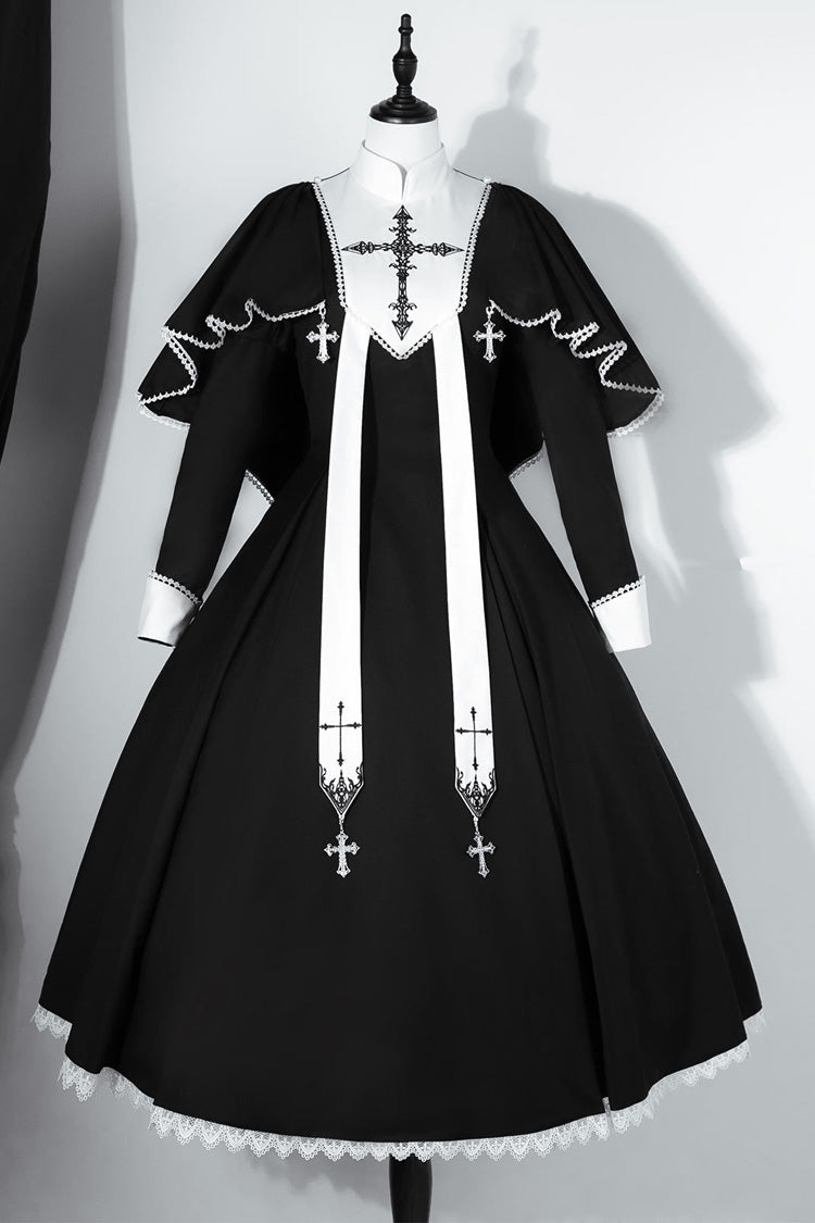 Schwarzes, langärmliges, zweiteiliges Gothic-Lolita-Kleid mit Kreuzdruck im Monastery-Stil