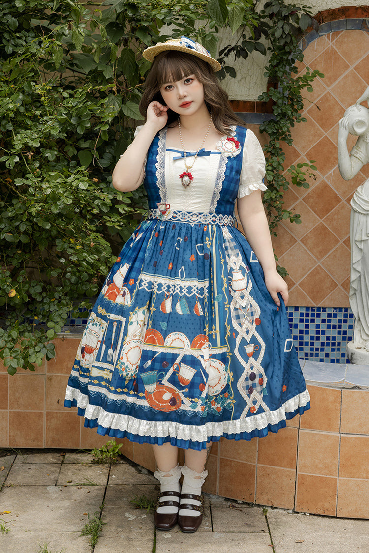 Dark Blue [Tea Party] Short Sleeves Print Ruffle Bowknot Lace Sweet Elegant Lolita Dress