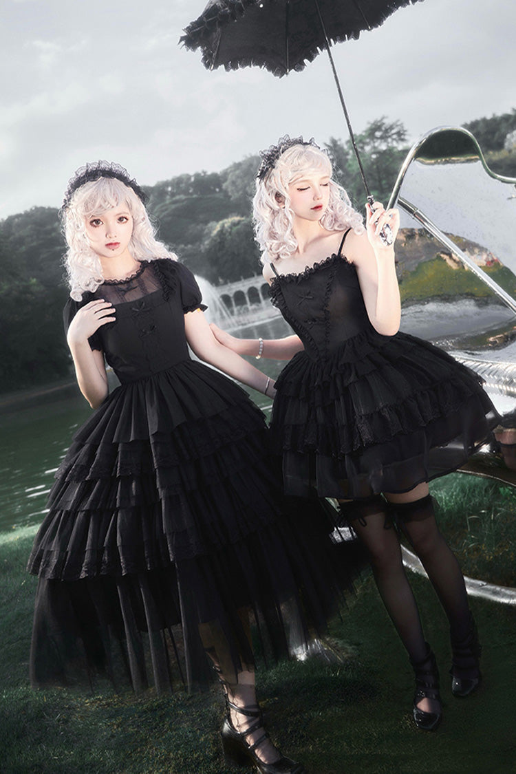 Schwarzes Twin Ivory Towers kurzärmliges fünflagiges Gothic Lolita-Kleid mit Rüschen