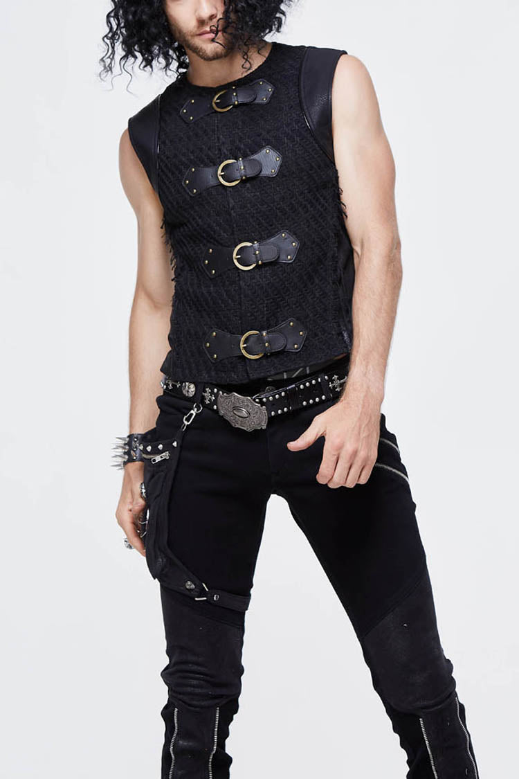 Black Coarse Texture Woolen Patchwork Heat Seal Backing Leather Loop Rough Selvage Men's Punk Waistcoat