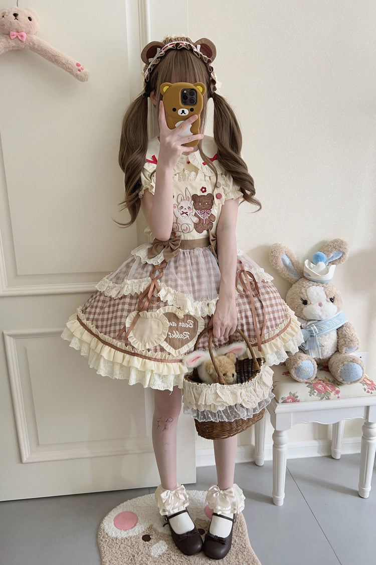 Rabbit Bear Diary Plaid Print Ruffle Bowknot Sweet Lolita Skirt 2 Colors (Blouse Included)