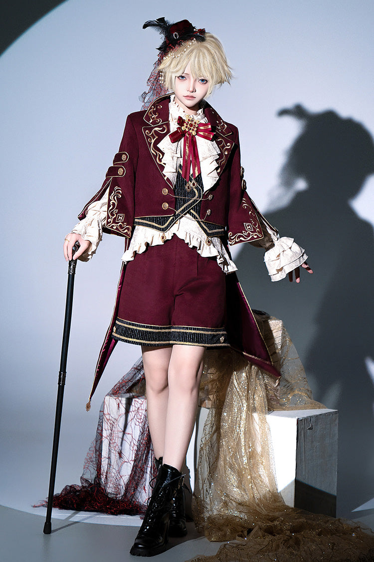 Red [Royal Heir] Embroidery Classic Military Gorgeous Handsome Ouji Lolita Coat Blouse Shorts Set