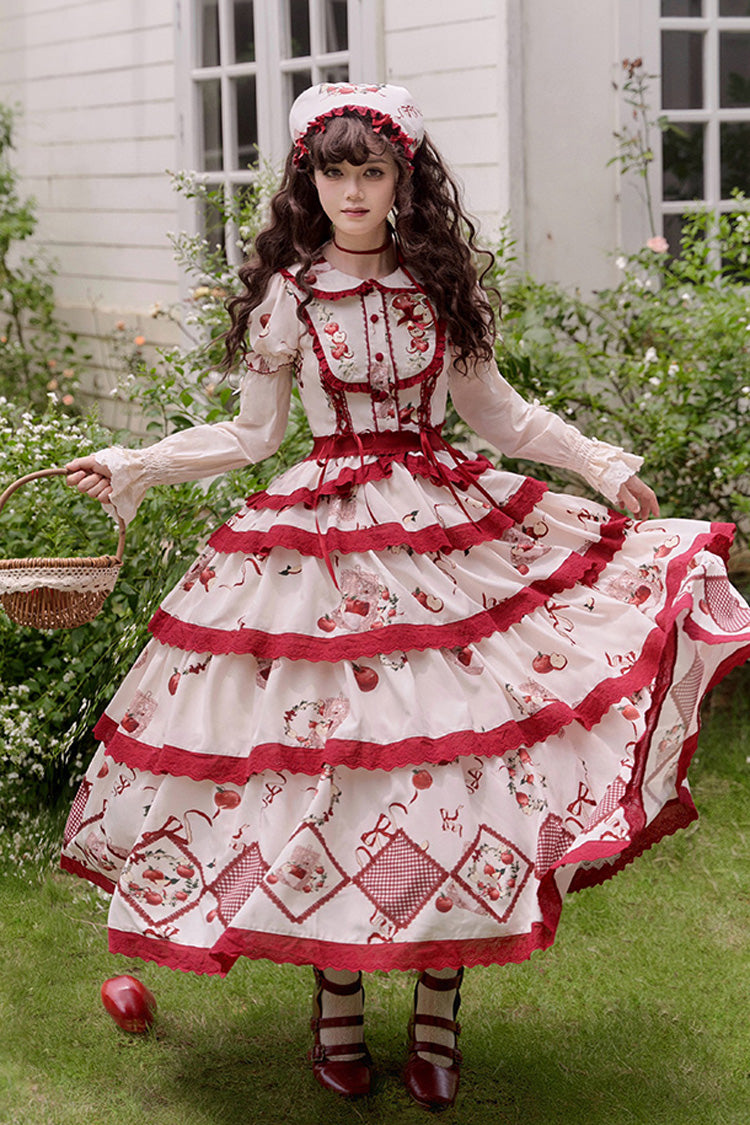 Red/Beige Triple-Layered [Apple Orchard] Print Ruffle Embroidery Sweet Lolita Long Skirt