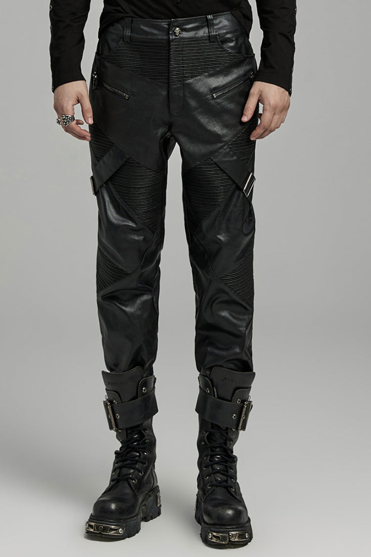 Black Zipper Men's Punk Faux Leather Pants