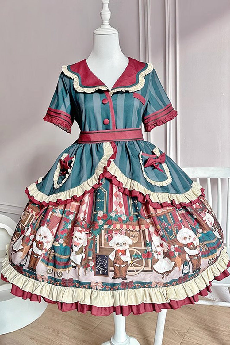 [Puppy Cafe] Print Ruffle Bowknot Sweet Lolita Dress 3 Colors