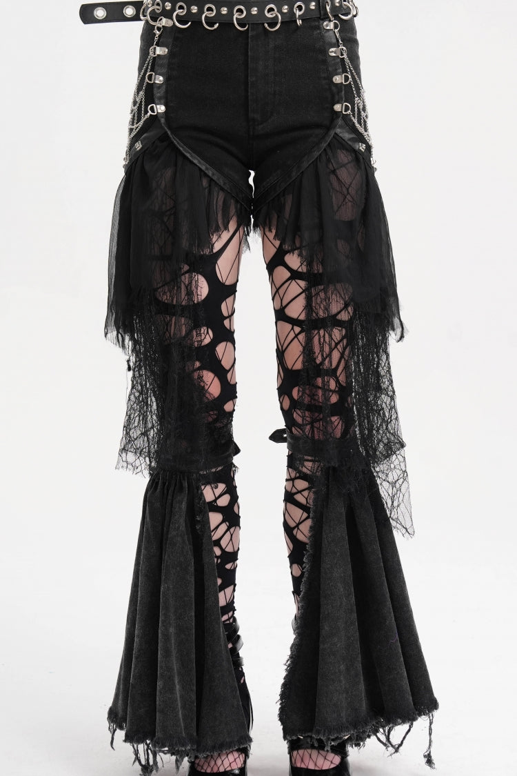 Black Chain Irregular Mesh Ripped Hem Women's Gothic Shorts